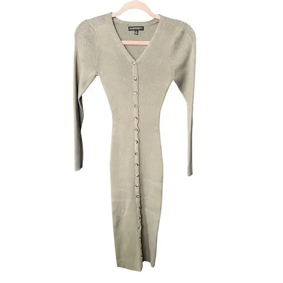 Harper & Ivy Ribbed Knit Midi Dress Sage Green Button Front Bodycon Small NWOT - Picture 2 of 6